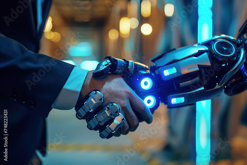 Handshake of human and robot, working together and collaboration with artificial intelligence, futuristic concept, generative ai