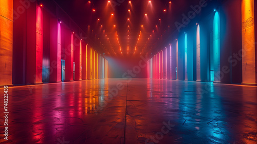 A deserted stage bathed in the glow of vibrant stage lights