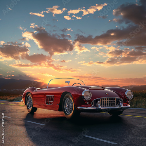 American red sports car sitting on a road near sunrise © alex