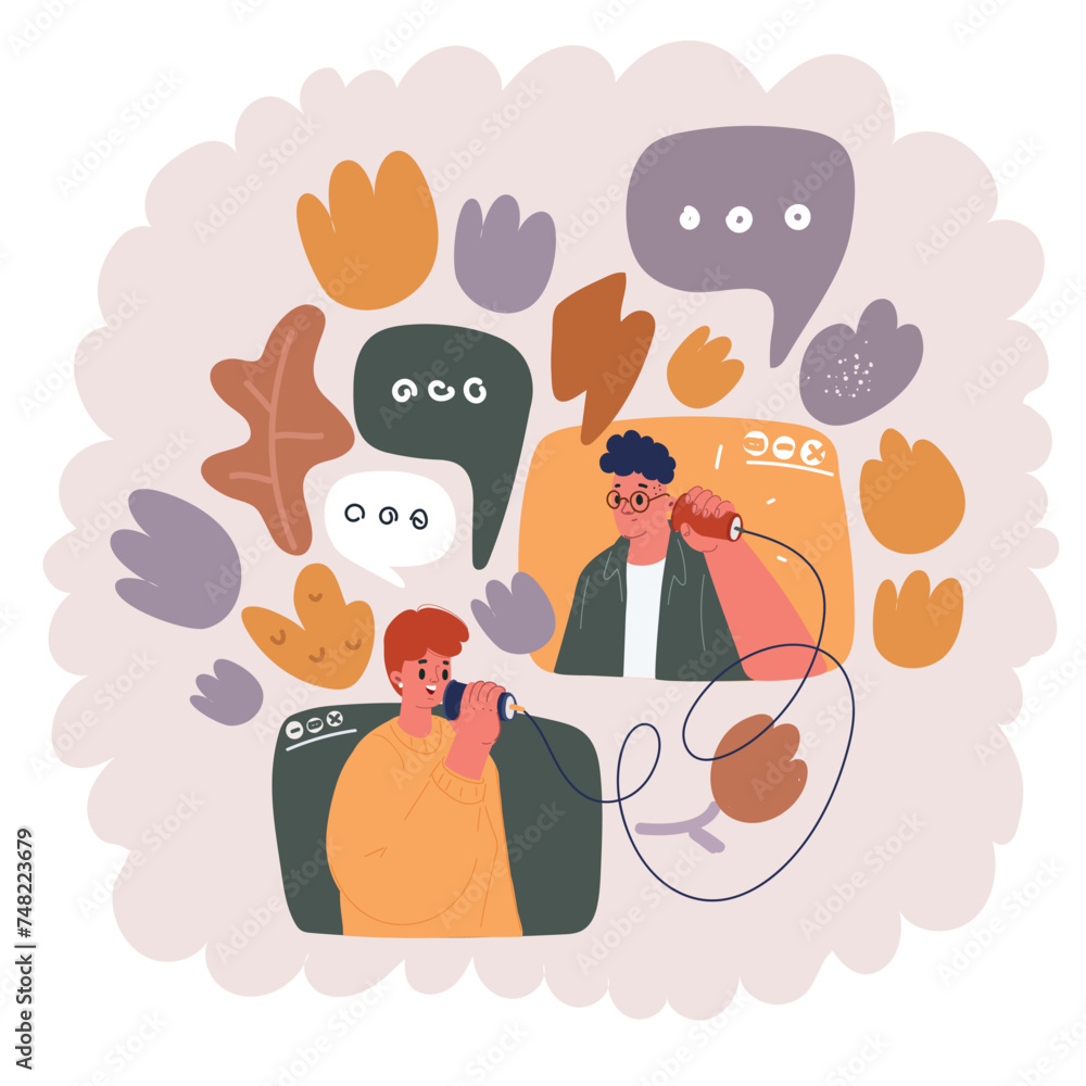 Obraz premium Vector illustration of man and woman chatting together with paper cup in massagers windows