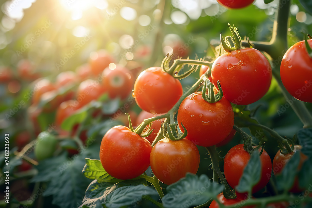 Organic cherry tomatoes growing in the greenhouse, close-up view, generative ai