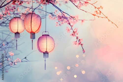Japanese lanterns with sakura tree background. photo
