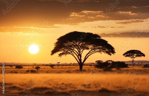 Acacia tree on desert rocks and plain grassland field against a sunset