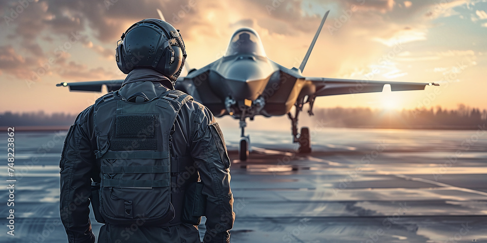military pilot stands in front of a modern fighter plane on the runway military pilot stands in front of a modern fighter plane on the runway