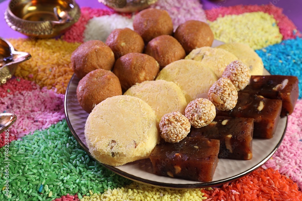 Diwali celebration. Tasty Indian sweets, colorful rangoli and diya lamps on table, closeup Diwali celebration. Tasty Indian sweets, colorful rangoli and diya lamps on table, closeup