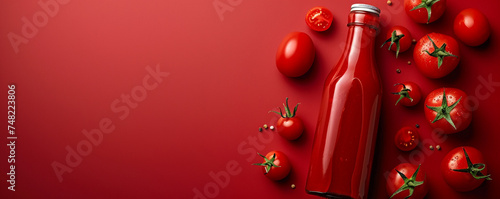 A bottle of ketchup and a tomato on a red background. Popular condiment for burgers and fries. Top view space to copy. © Adnan Haider