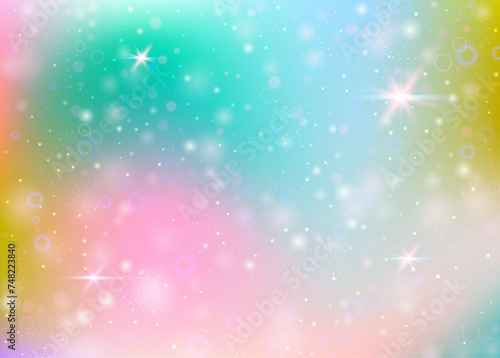 Magic background with rainbow mesh. Girlie universe banner in princess colors. Fantasy gradient backdrop with hologram. Holographic magic background with fairy sparkles, stars and blurs.