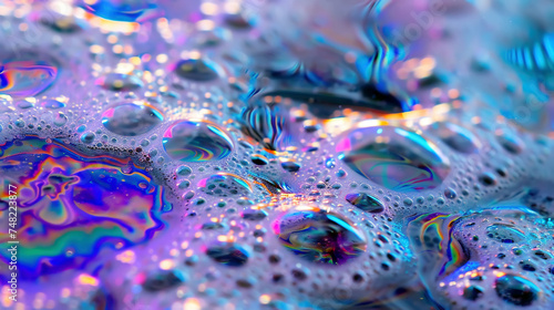 Soap foam in neon light close-up, abstract background, generative ai