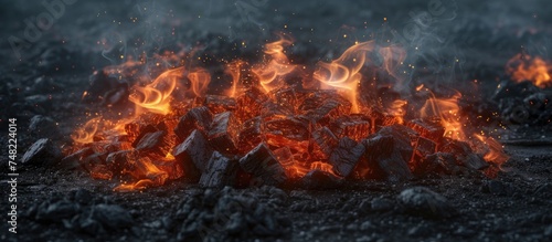 A collection of rocks is engulfed in intense flames, creating a fiery display. The rocks appear to be on fire, emitting heat and light as they burn brightly. photo