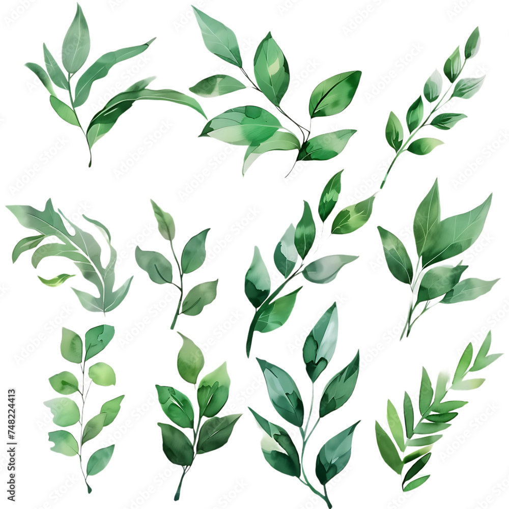 Watercolor floral set of green leaves, greenery, branches, twigs etc. Cut out hand drawn PNG illustration on transparent background. 