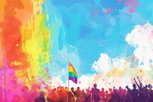 portrait of a group of LGBTQ people carrying rainbow flag with rainbow background
 photo