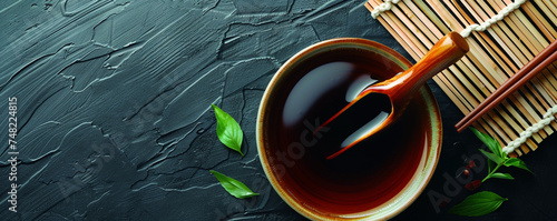 A bottle of soy sauce and a bowl of noodles on a black background. Asian sauce with salty and umami taste. Top view space to copy.