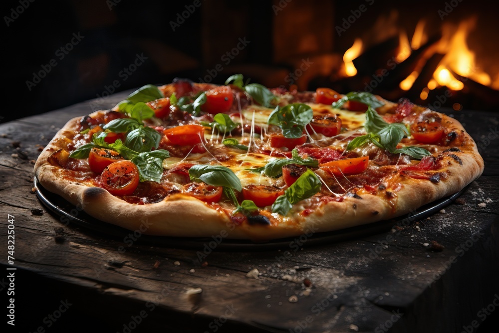 Cooked pizza on a wooden table on the background of an oven with fire.