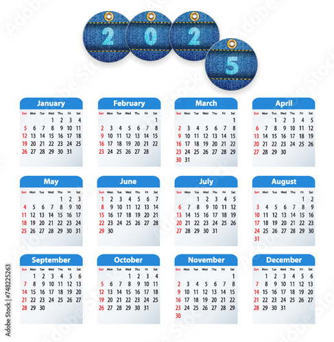 Blue English calendar for 2025 with circle cut jeans tags.Business, presentations, stationary, diary uses. Sundays first. Vector illustration