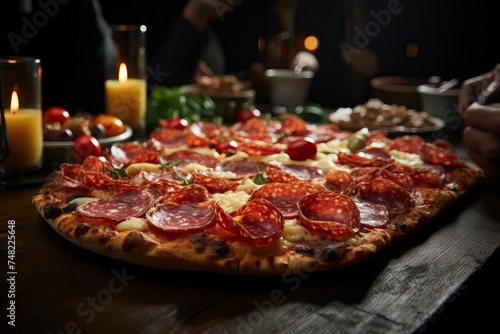 Close-up of people hands taking slices of pepperoni pizza from wooden board.