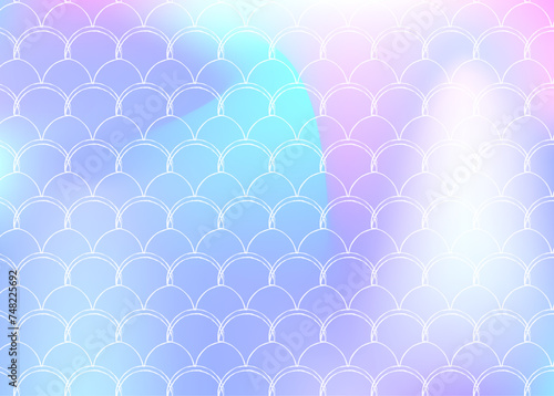 Mermaid scales background with holographic gradient. Bright color transitions. Fish tail banner and invitation. Underwater and sea pattern for girlie party. Creative backdrop with mermaid scales.