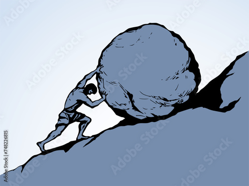 A man rolls a stone up the hill. Vector drawing