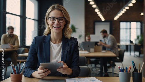 Happy woman in office with tablet, email or social media review for tech business, schedule or agenda, Smile, digital app and businesswoman networking online for market research, website and report photo