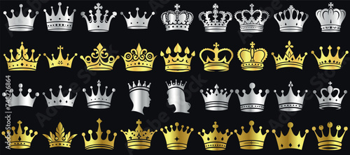 crown vector collection, Golden, silver royal crowns on black background, crown symbolizing luxury, power, prestige, and wealth. Perfect for branding, jewelry ads, and showcasing monarchy aristocracy