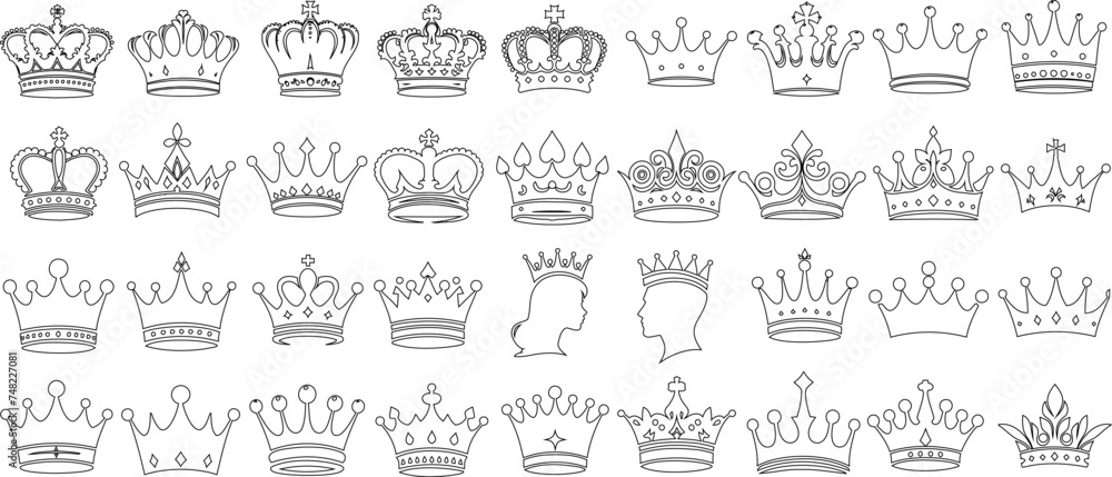 Crown line art collection, royal, luxury, authority symbols, intricate crown design, artistic creativity, perfect for logo, branding, creative projects, showcasing diversity in crown designs - obrazy, fototapety, plakaty 