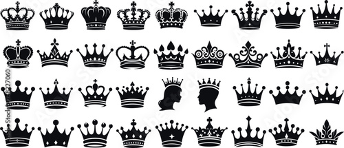 Crown vector collection, royal luxury symbols, black crown silhouettes, diverse crowns designs, isolated on white background, symbolizing power, authority, and majesty.