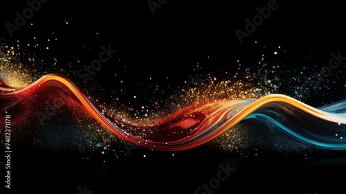 Blue, red and yellow abstract liquied wave with gold sparklings on black background with copy space banner.