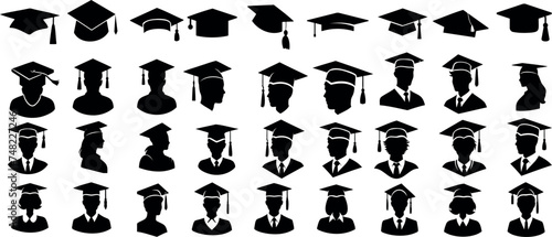 Graduation caps, black Graduation cap vector illustration. Different styles, angles perfect for graduation season designs. Ideal for academic, ceremony, commencement, education related themes