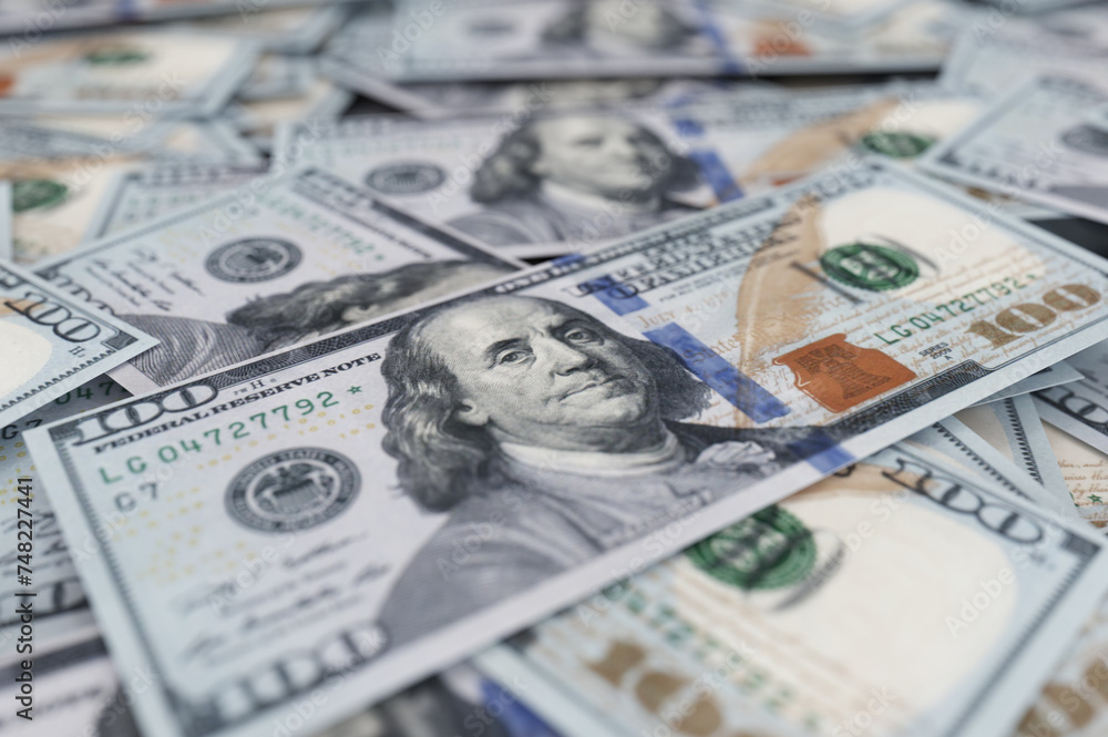 A hunderd new dollars 3d illustration. Cash of hundred dollar bills. A pile of one hundred US banknotes with president portraits. A hunderd new dollars 3d illustration. Cash of hundred dollar bills. A pile of one hundred US banknotes with president portraits.