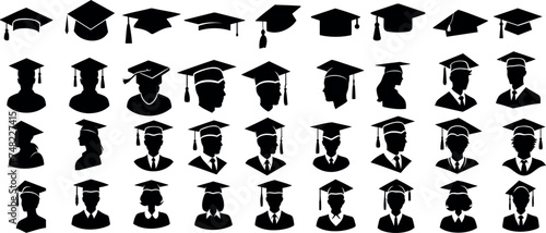 Graduation cap icons, academic achievement symbol, education milestone, black silhouettes of Graduation cap isolated on white background, perfect for educational content, graduation ceremonies