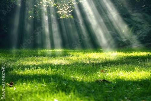 Bright sunlight illuminates green summer grass in forest, copy space. Peaceful landscape concept.