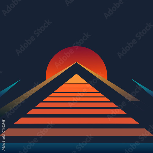 Retro background with laser grid, abstract landscape mountain with sunset and star sky. Vaporwave, synthwave 80s cyberpunk style illustration. Minimal template for poster, flyer, music cover 