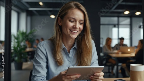 Happy woman in office with tablet, scroll and thinking, reading email review or article at startup,Internet, research and girl with digital app for networking, social media or website for schedule photo