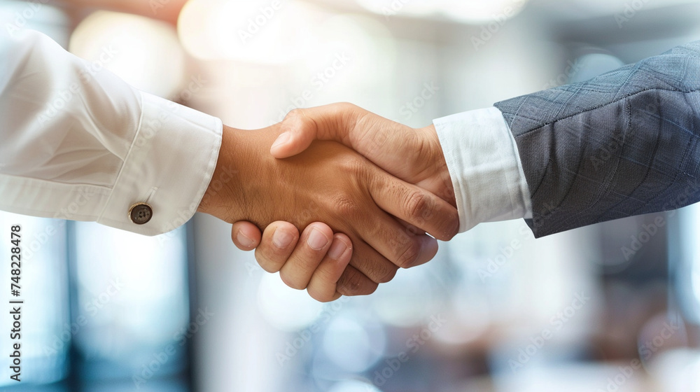 Close-up of a business coach and client shaking hands over a successful coaching plan, partnership and trust emphasized, business coaching concept, blurred background, with copy sp