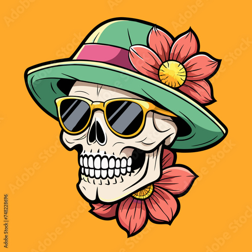 Man Skull with sunglasses and cap with flower tshirt sticker desgin © amanmalik