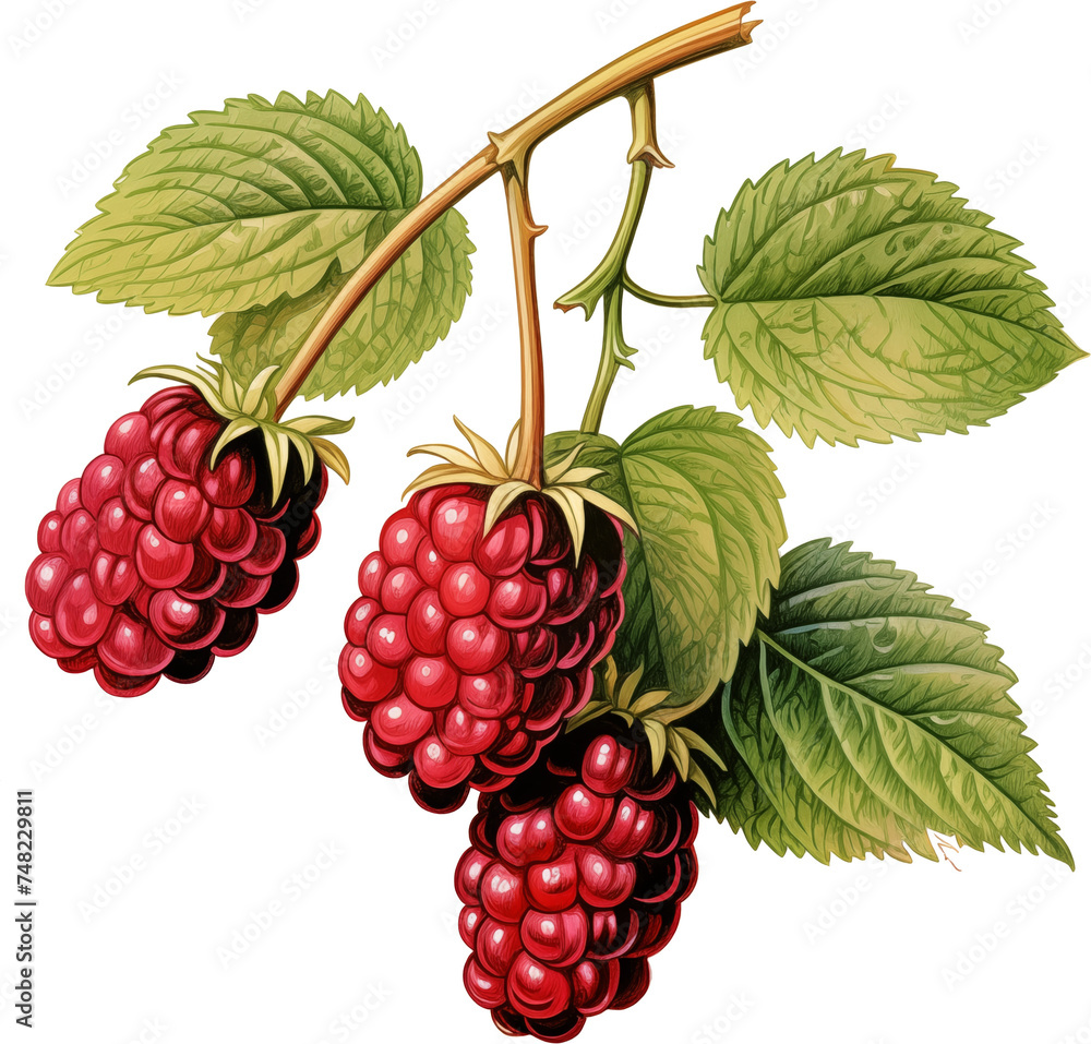 Obraz premium ripe Raspberries with stems and leaves in a side view PNG, in botanical art, fresh fruit-themed, isolated, and transparent photorealistic illustration. Generative ai
