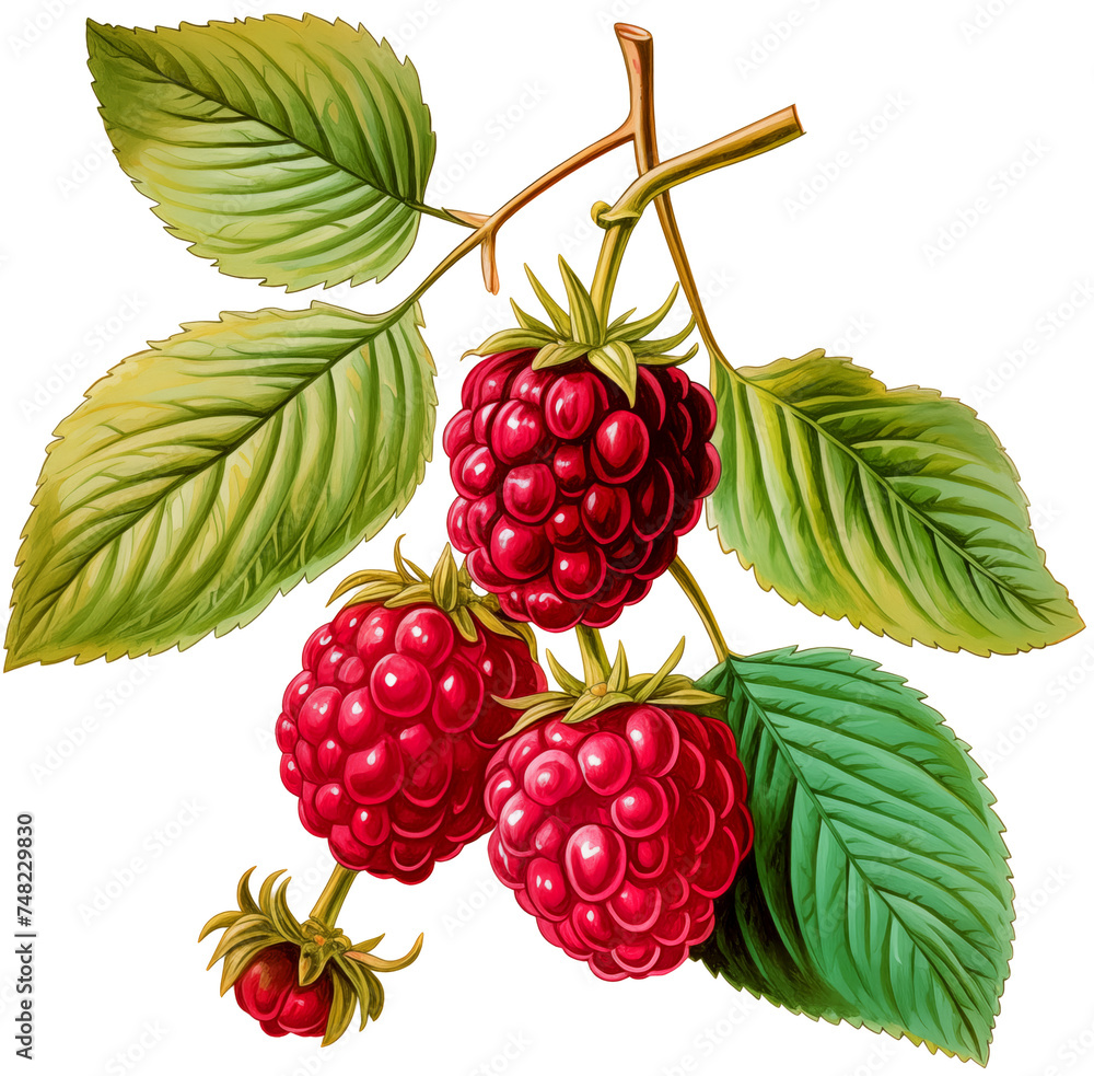 ripe Raspberries with stems and leaves in a side view PNG, in botanical art, fresh fruit-themed, isolated, and transparent photorealistic illustration. Generative ai ripe Raspberries with stems and leaves in a side view PNG, in botanical art, fresh fruit-themed, isolated, and transparent photorealistic illustration. Generative ai