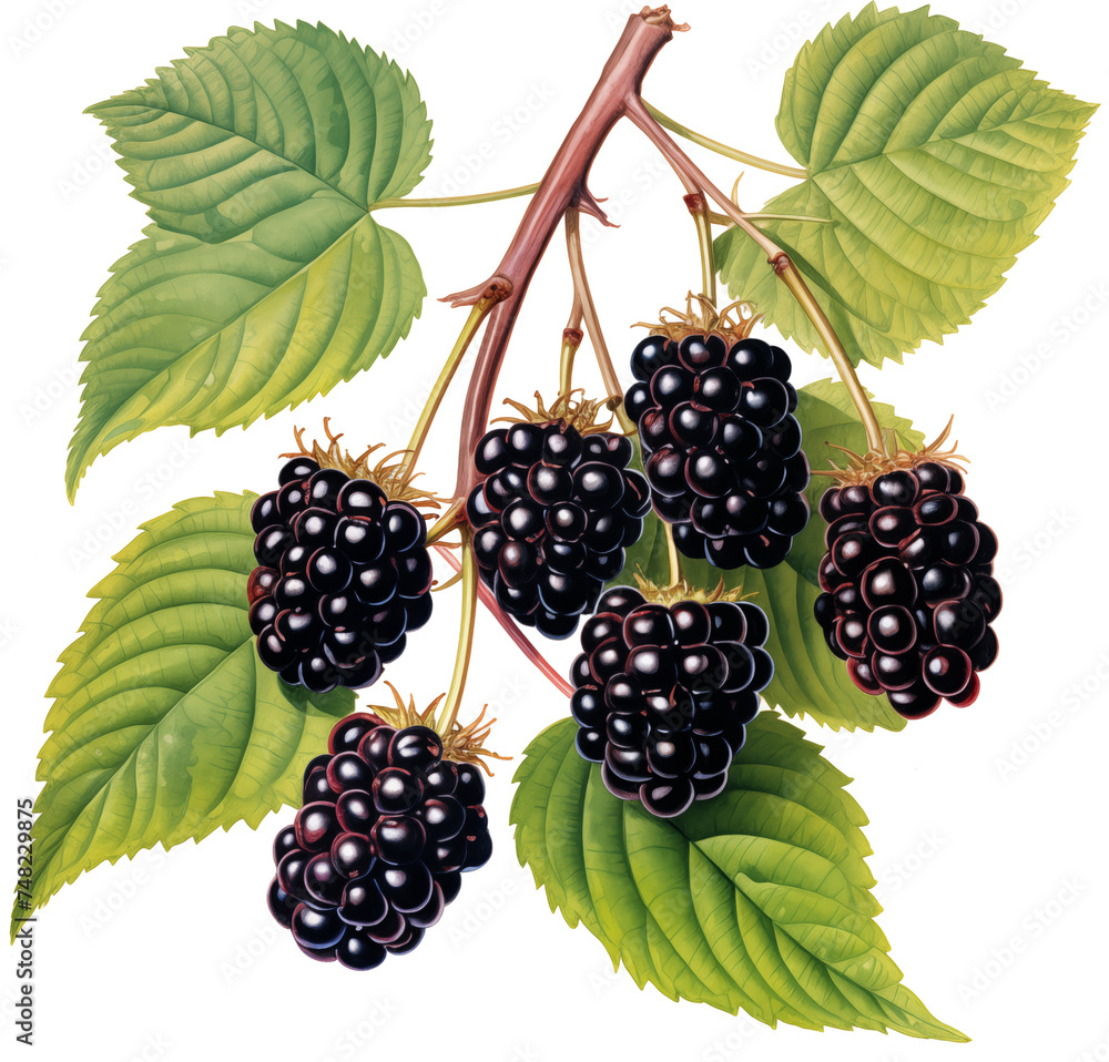 ripe Blackberries with stems and leaves in a side view PNG, in botanical art, fresh fruit-themed, isolated, and transparent photorealistic illustration. Generative ai ripe Blackberries with stems and leaves in a side view PNG, in botanical art, fresh fruit-themed, isolated, and transparent photorealistic illustration. Generative ai