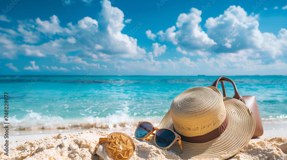 A straw hat, beach bag, and sunglasses laid out on the pristine sands of a tropical beach, basking in the warm sunlight against the backdrop of azure waters and clear skies A straw hat, beach bag, and sunglasses laid out on the pristine sands of a tropical beach, basking in the warm sunlight against the backdrop of azure waters and clear skies