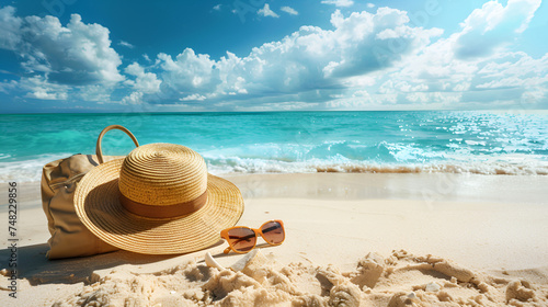 A straw hat  beach bag  and sunglasses laid out on the pristine sands of a tropical beach  basking in the warm sunlight against the backdrop of azure waters and clear skies 
