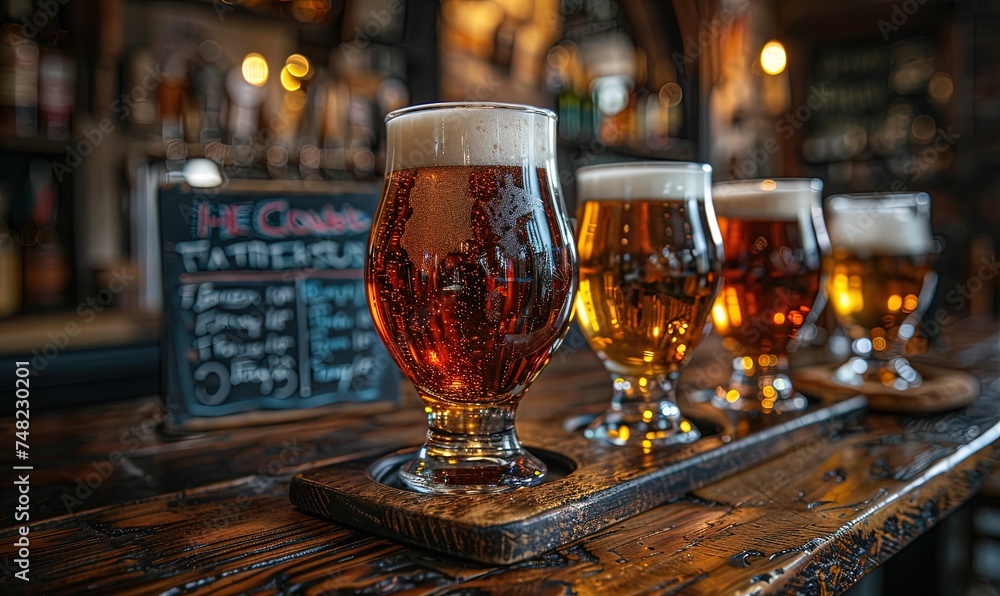 cozy pub atmosphere invites patrons to a fun pub quiz night, with a chalkboard sign prominently displayed in the foreground and glasses of beer awaiting participants