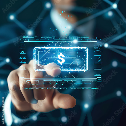 a middle-aged businessman interacting with a tactile and holographic screen with digital dollar with his right hand. Online banking or digital coin network. Cryptocurrencies.