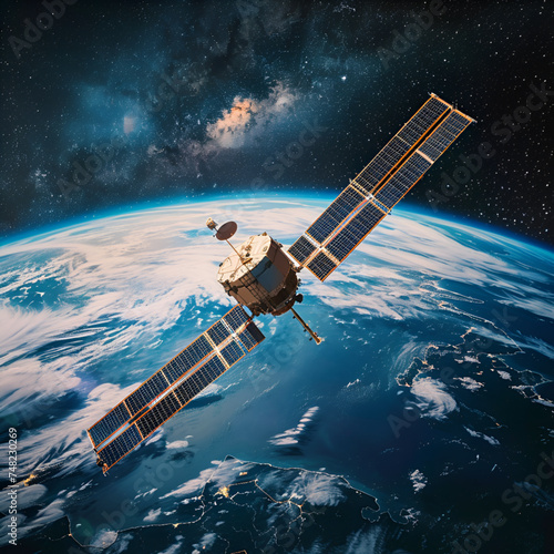 a satellite orbiting the globe earth with a galaxy on the background