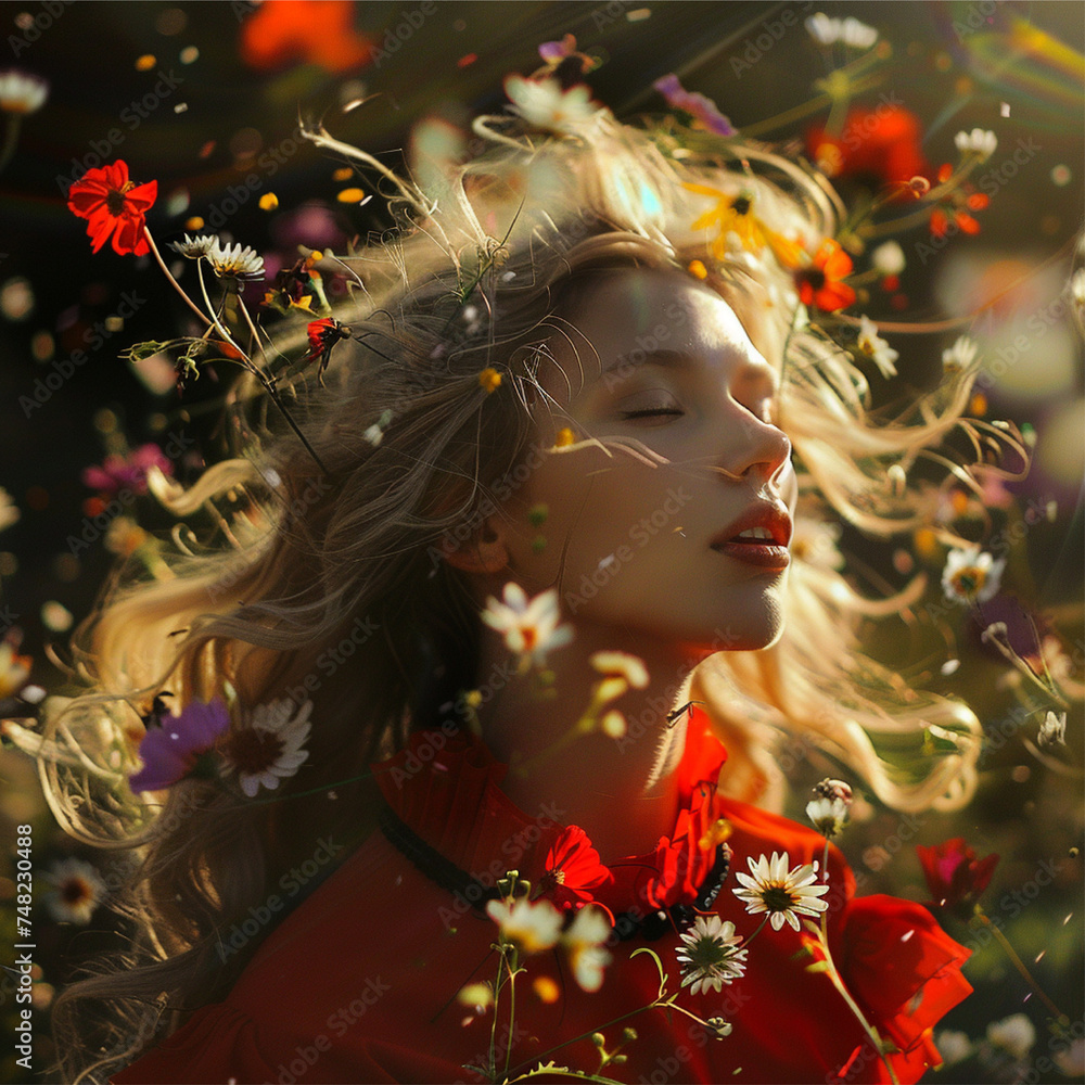 Bella chica rubia con flores cayendo cabello al viento