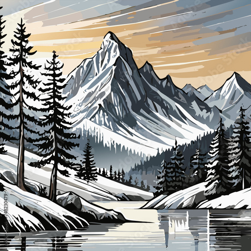 Mountain with pine trees and landscape black on white background. Hand drawn rocky peaks in sketch style