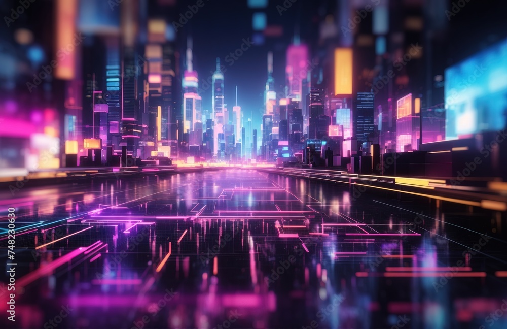 Digital cityscape emerges from the neon circuit lines and data streams