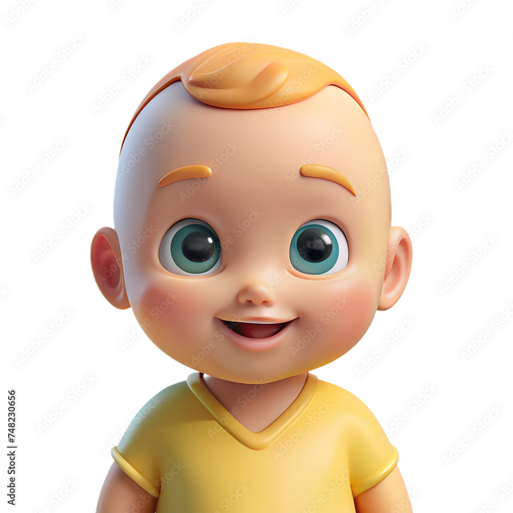 Cute little baby boy 3d realistic character. wearing yellow t shirt on transparent background Cute little baby boy 3d realistic character. wearing yellow t shirt on transparent background