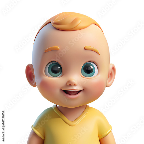 Cute little baby boy 3d realistic character. wearing yellow t shirt on transparent background