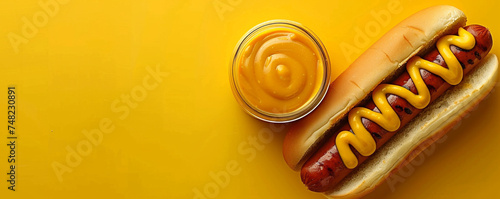 A jar of mustard and a hot dog on a yellow background. Spicy and tangy sauce for sandwiches or sausages. Top view space to copy. photo