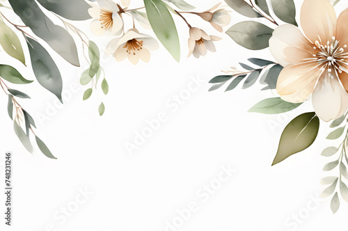 Watercolor illustration of peach flowers and leaves in pastel colors on a white background with space for text. Copy space