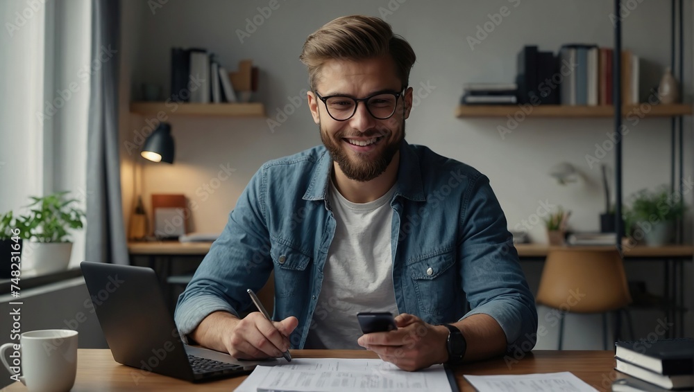 Confident man sitting at desk taking break in work with electronic documents on laptop to make answer telephone call, Smiling young guy freelancer synchronize data between home computer and smartphone Confident man sitting at desk taking break in work with electronic documents on laptop to make answer telephone call, Smiling young guy freelancer synchronize data between home computer and smartphone